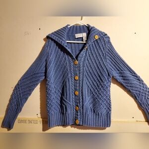Denim Blue Liz Claiborne Cable Chunky Knit Button Up Sweater M Cardigan